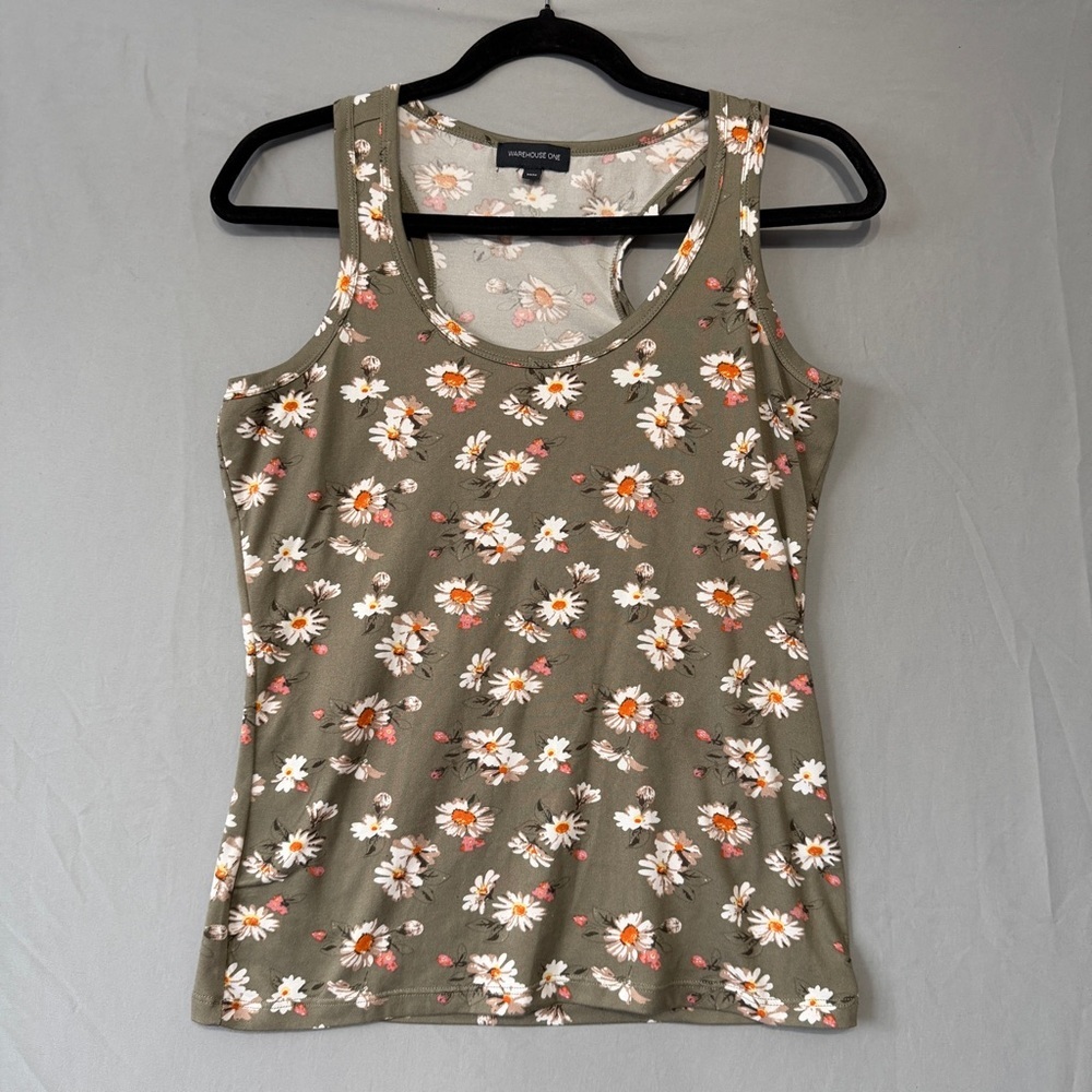 Warehouse One Womens Floral Tank Medium Sage Green Stretch Layers Forest Fairy